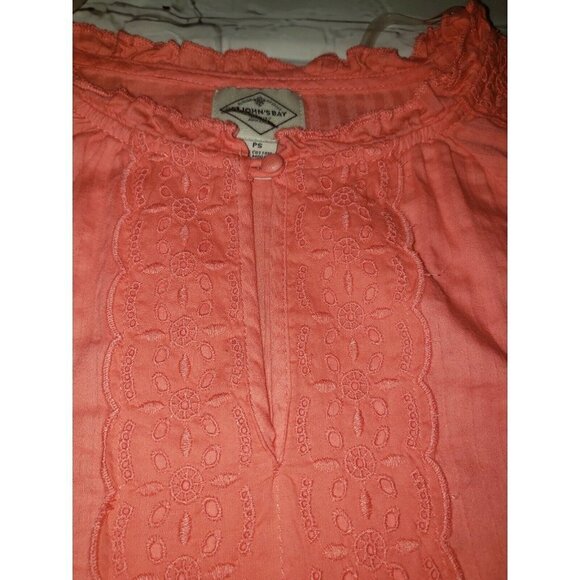 Nwt St Johns Bay Petite Small Coral Crochet Front Long Sleeve Blouse - Picture 2 of 3